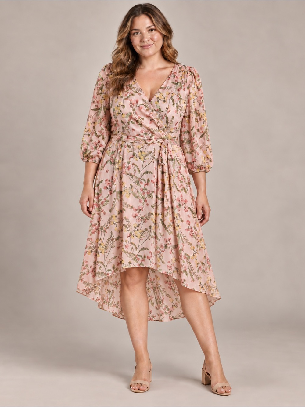 Tommy Hilfiger Size 10 Pink Floral Chiffon High-Low Midi Dress Tie Waist